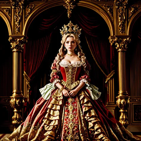 A regal empress in an elaborate gown made of rich, opulent fabrics. Her attire combines elements of Rococo and fantasy, with a crown made of intricate gold filigree and glowing gems.