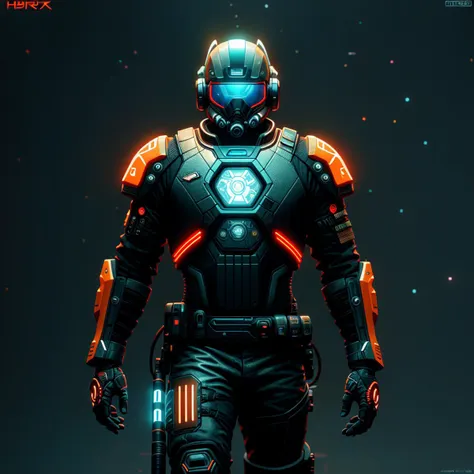 A sci-fi adventurer in a sleek, futuristic suit that combines elements of cyberpunk and space opera. The suit features glowing neon lines and advanced tech gadgets, with a helmet that displays holographic information.