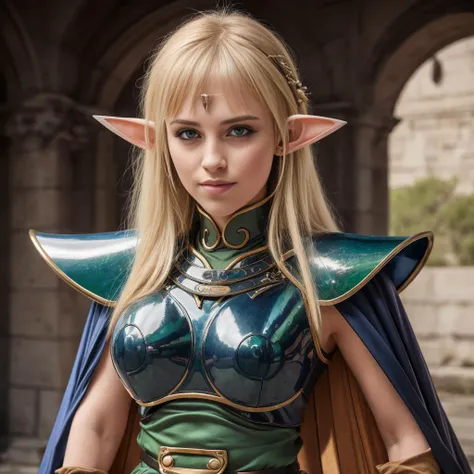 realistic analog photo, award winning photo,
 <lora:ANI_CLASSIC_deedlit_ownwaifu-15:0.75> ani_classic_deedlit_ownwaifu, pointy ears, blonde hair, long hair, elf, circlet, green eyes, long pointy ears, very long hair, breasts, medium breasts, earrings, lips, makeup, bangs, cape, armor, blue cape, shoulder armor, pauldrons, gloves, breastplate, belt, green dress, short dress,
RAW, highres, 8k, uhd, High Dynamic Range, tonemapping, crisp details,