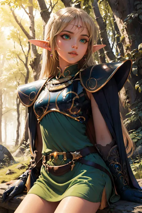 cute face, kawaii, small face, very big eyes,
<lora:Squeezer2:0.5>, 
<lora:ANI_CLASSIC_deedlit_ownwaifu:0.8> ANI_CLASSIC_deedlit_ownwaifu, www.ownwaifu.com, 
pointy ears, blonde hair, long hair, elf, circlet, green eyes, long pointy ears, very long hair, breasts, medium breasts, earrings, lips, makeup, bangs,
cape, armor, blue cape, shoulder armor, pauldrons, gloves, breastplate, belt, green dress, short dress,
(masterpiece, best quality, high resolution), fantasy,
forest, rock, 
sitting, 
looking afar, looking ahead, looking away, 
(cowboy shot:1.2),
1girl, solo,