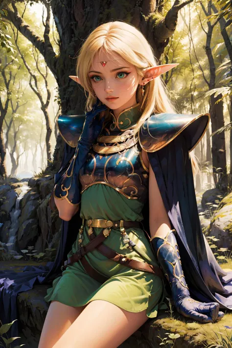 cute face, kawaii, small face, very big eyes,
<lora:Squeezer2:0.5>, 
<lora:ANI_CLASSIC_deedlit_ownwaifu:0.8> ANI_CLASSIC_deedlit_ownwaifu, www.ownwaifu.com, 
pointy ears, blonde hair, long hair, elf, circlet, green eyes, long pointy ears, very long hair, breasts, medium breasts, earrings, lips, makeup, bangs,
cape, armor, blue cape, shoulder armor, pauldrons, gloves, breastplate, belt, green dress, short dress,
(masterpiece, best quality, high resolution), fantasy,
forest, rock, 
sitting, 
looking afar, looking ahead, looking away, 
(cowboy shot:1.2),
1girl, solo,