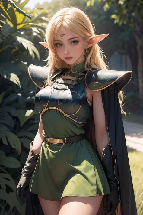 straight-on,pose,looking at viewer,solo, BREAK, 
ANI_CLASSIC_deedlit_ownwaifu, www.ownwaifu.com, 
pointy ears, blonde hair, long hair, elf, circlet, green eyes, long pointy ears, very long hair, breasts, medium breasts, earrings, lips, makeup, bangs, 
cape, armor, blue cape, shoulder armor, pauldrons, gloves, breastplate, belt, green dress, short dress, 
<lora:ANI_CLASSIC_deedlit_ownwaifu-15:0.8>,, (extremely detailed fine touch:1.2), (natural light, sun light, light rays, dappled light, ray tracing:1.2), masterpiece, best quality, highly quality ,official art, 8K, highres, (absurdres:1.2), (bokeh:1.2),
