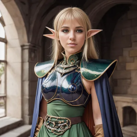realistic analog photo, award winning photo,
 <lora:ANI_CLASSIC_deedlit_ownwaifu-15:0.75> ani_classic_deedlit_ownwaifu, pointy ears, blonde hair, long hair, elf, circlet, green eyes, long pointy ears, very long hair, breasts, medium breasts, earrings, lips, makeup, bangs, cape, armor, blue cape, shoulder armor, pauldrons, gloves, breastplate, belt, green dress, short dress,
RAW, highres, 8k, uhd, High Dynamic Range, tonemapping, crisp details,