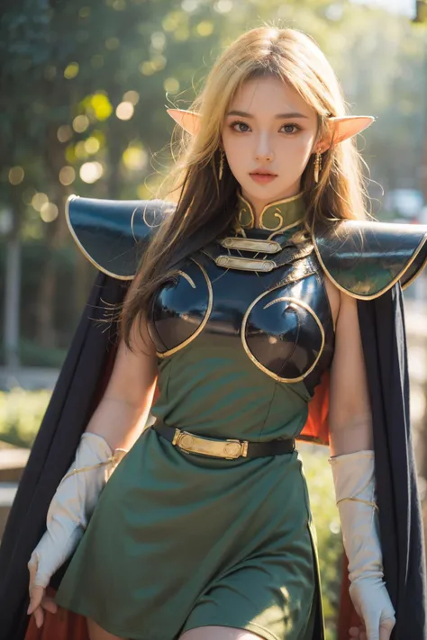 (Best Quality, Masterpiece:1.4), (Realism:1.2), (Realisitc:1.2), (Absurdres:1.2), (photorealistic:1.3), 1girl,Realistic Skin,Solo,( Very Big Eyes,beautiful detailed eyes, symmetric eyes), ((cowboy shot)),straight-on,pose,looking at viewer,solo, BREAK, ANI_CLASSIC_deedlit_ownwaifu, www.ownwaifu.com, pointy ears, blonde hair, long hair, elf, circlet, green eyes, long pointy ears, very long hair, breasts, medium breasts, earrings, lips, makeup, bangs, cape, armor, blue cape, shoulder armor, pauldrons, gloves, breastplate, belt, green dress, short dress, <lora:ANI_CLASSIC_deedlit_ownwaifu-15:0.8>,, (extremely detailed fine touch:1.2), (natural light, sun light, light rays, dappled light, ray tracing:1.2), masterpiece, best quality, highly quality ,official art, 8K, highres, (absurdres:1.2), (bokeh:1.2),