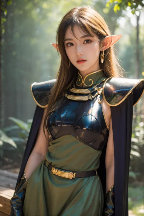 (Best Quality, Masterpiece:1.4), (Realism:1.2), (Realisitc:1.2), (Absurdres:1.2), (photorealistic:1.3), 1girl,Realistic Skin,Solo,( Very Big Eyes,beautiful detailed eyes, symmetric eyes), ((cowboy shot)),straight-on,pose,looking at viewer,solo, BREAK, ANI_CLASSIC_deedlit_ownwaifu, www.ownwaifu.com, pointy ears, blonde hair, long hair, elf, circlet, green eyes, long pointy ears, very long hair, breasts, medium breasts, earrings, lips, makeup, bangs, cape, armor, blue cape, shoulder armor, pauldrons, gloves, breastplate, belt, green dress, short dress, <lora:ANI_CLASSIC_deedlit_ownwaifu-15:0.8>,, (extremely detailed fine touch:1.2), (natural light, sun light, light rays, dappled light, ray tracing:1.2), masterpiece, best quality, highly quality ,official art, 8K, highres, (absurdres:1.2), (bokeh:1.2),