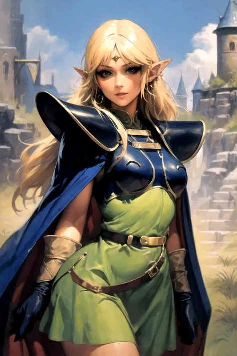 masterpiece, best quality, high quality, highres, straight-on, looking at viewer, upper body, 1girl, solo,
ARTSTYLE_kenkellyfantasyart_ownwaifu, www.ownwaifu.com,
eye focus, castle_grayskull, warrior, scenery, ornate, surreal,
<lora:ARTSTYLE_kenkellyfantasyart_ownwaifu-15:0.9>
ANI_CLASSIC_deedlit_ownwaifu, www.ownwaifu.com,
pointy ears, blonde hair, long hair, elf, circlet, green eyes, long pointy ears, very long hair, breasts, medium breasts, earrings, lips, makeup, bangs,
cape, armor, blue cape, shoulder armor, pauldrons, gloves, breastplate, belt, green dress, short dress,
<lora:ANI_CLASSIC_deedlit_ownwaifu-15:0.8>