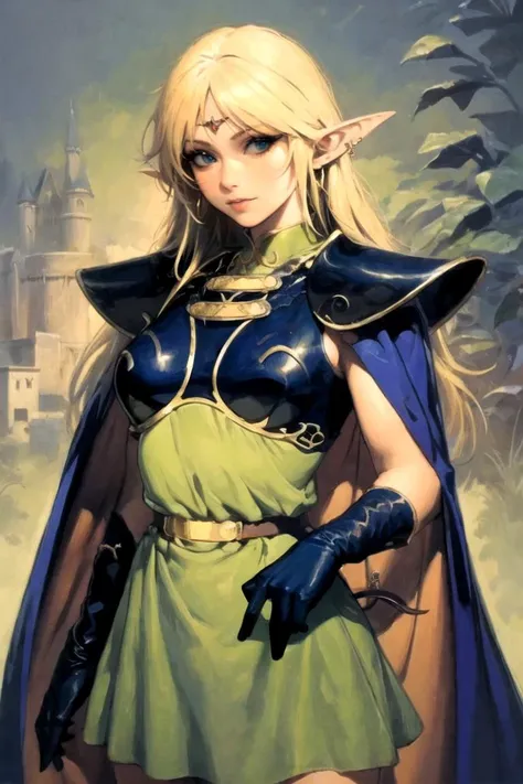 masterpiece, best quality, high quality, highres, straight-on, looking at viewer, upper body, 1girl, solo,
ARTSTYLE_kenkellyfantasyart_ownwaifu, www.ownwaifu.com,
 eye focus, castle_grayskull, warrior,  scenery, ornate, surreal, 
<lora:ARTSTYLE_kenkellyfantasyart_ownwaifu-15:0.9> 
ANI_CLASSIC_deedlit_ownwaifu, www.ownwaifu.com, 
pointy ears, blonde hair, long hair, elf, circlet, green eyes, long pointy ears, very long hair, breasts, medium breasts, earrings, lips, makeup, bangs, 
cape, armor, blue cape, shoulder armor, pauldrons, gloves, breastplate, belt, green dress, short dress, 
<lora:ANI_CLASSIC_deedlit_ownwaifu-15:1>