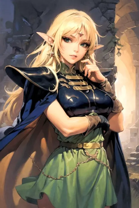 masterpiece, best quality, high quality, highres, straight-on, looking at viewer, upper body, 1girl, solo,
ARTSTYLE_kenkellyfantasyart_ownwaifu, www.ownwaifu.com,
eye focus, castle_grayskull, warrior, scenery, ornate, surreal,
<lora:ARTSTYLE_kenkellyfantasyart_ownwaifu-15:1>
ANI_CLASSIC_deedlit_ownwaifu, www.ownwaifu.com,
pointy ears, blonde hair, long hair, elf, circlet, green eyes, long pointy ears, very long hair, breasts, medium breasts, earrings, lips, makeup, bangs,
cape, armor, blue cape, shoulder armor, pauldrons, gloves, breastplate, belt, green dress, short dress,
<lora:ANI_CLASSIC_deedlit_ownwaifu-15:1>