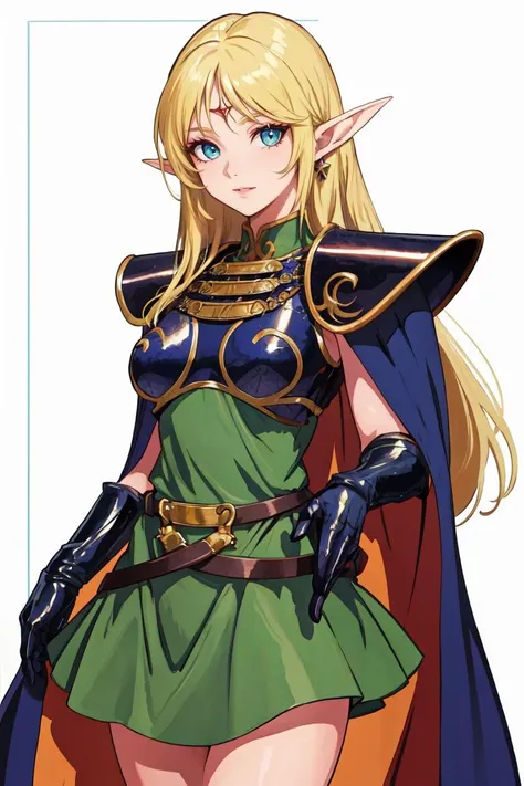 (extremely detailed fine touch:1.2), (natural light, sun light, light rays, dappled light, ray tracing:1.2), mature female , masterpiece, best quality, highly quality , ANI_CLASSIC_deedlit_ownwaifu, www.ownwaifu.com, pointy ears, blonde hair, long hair, elf, circlet, green eyes, long pointy ears, very long hair, breasts, medium breasts, earrings, lips, makeup, bangs, cape, armor, blue cape, shoulder armor, pauldrons, gloves, breastplate, belt, green dress, short dress, looking at viewer, blush, open mouth, standing, (Masterpiece, extremely detailed CG, sharp line),deedlit, offcial art, Colorful, Beautiful Japanese anime style，Extremely detailed eyes and face，Sharp pupils，realistic pupil，In the woods、cabellos largos dorados，ears of elf，Black lace panties，Slender thighs, varies multi etc. --v 6 --s 1000 --c 20 --q 20 --chaos 100