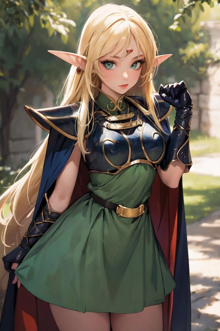 straight-on,pose,looking at viewer,solo, BREAK, ANI_CLASSIC_deedlit_ownwaifu, www.ownwaifu.com,
pointy ears, blonde hair, long hair, elf, circlet, green eyes, long pointy ears, very long hair, breasts, medium breasts, earrings, lips, makeup, bangs,
cape, armor, blue cape, shoulder armor, pauldrons, gloves, breastplate, belt, green dress, short dress,
<lora:ANI_CLASSIC_deedlit_ownwaifu-15:0.8>,, (masterpiece:1.4),(best quality:1.4),(absurdres:1.4),pinup,