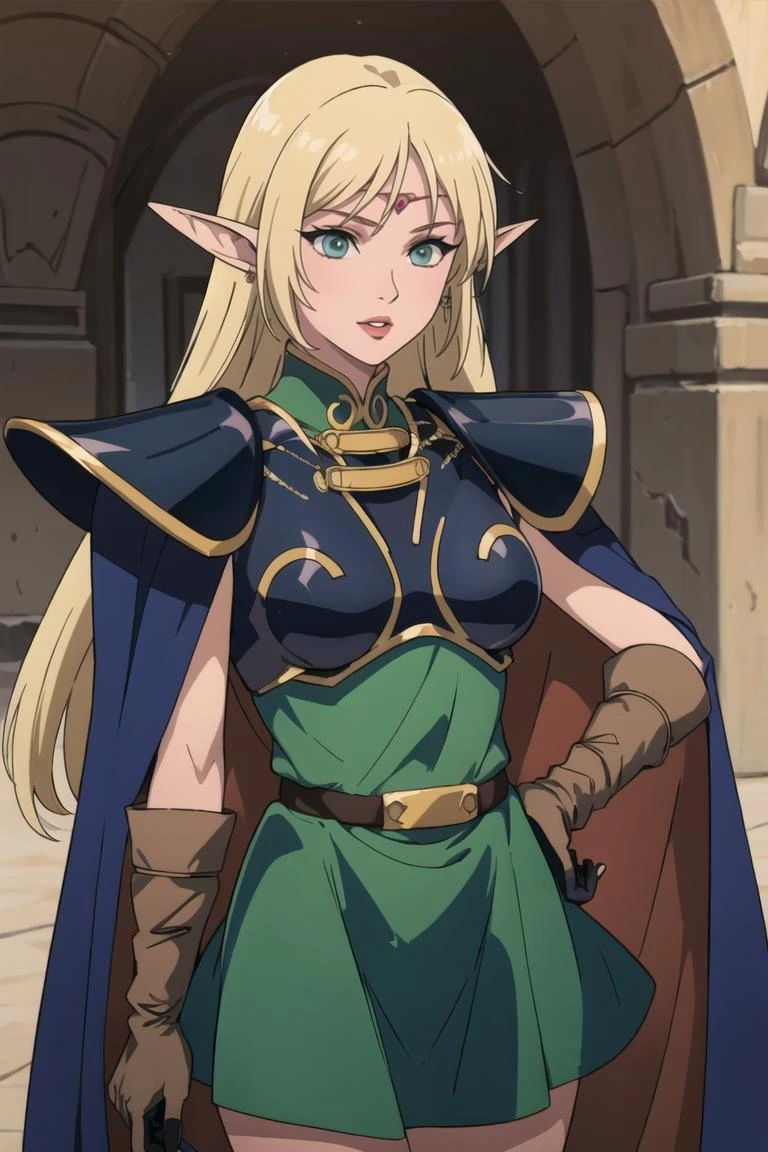 good anatomy, masterpiece, best quality, 4k, 8k, professional photography, soft light, sharp focus,1girl, anime coloring,
ANI_CLASSIC_deedlit_ownwaifu, www.ownwaifu.com,
pointy ears, blonde hair, long hair, elf, circlet, green eyes, long pointy ears, very long hair, breasts, medium breasts, earrings, lips, makeup, bangs,
cape, armor, blue cape, shoulder armor, pauldrons, gloves, breastplate, belt, green dress, short dress,
<lora:ANI_CLASSIC_deedlit_ownwaifu-15:0.8>,