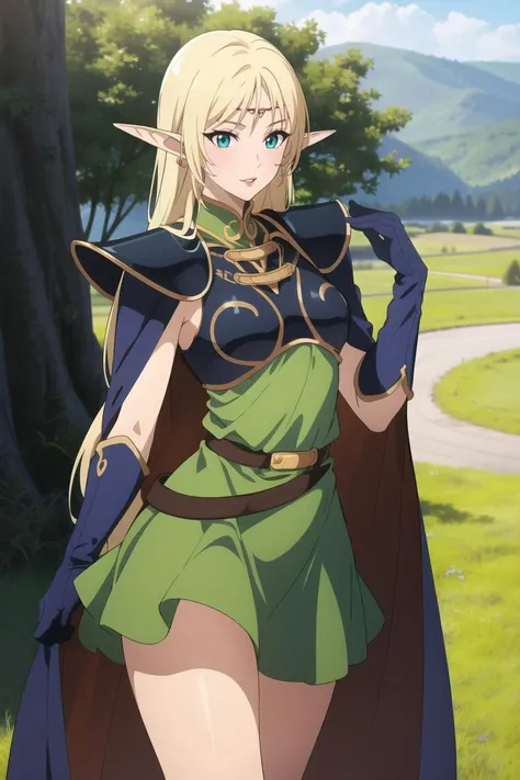 masterpiece, best quality, 1girl, elf, green eyes, blonde, (standing:1.1), (forest:1.1), pov, perfect eyes, arms at sides, river, portrait, full body, smile, heeled sandals, beautiful landscape, trees, tied, in bondage, BDSM
