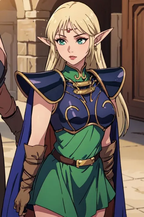 good anatomy, masterpiece, best quality, 4k, 8k, professional photography, soft light, sharp focus,1girl, anime coloring,
ANI_CLASSIC_deedlit_ownwaifu, www.ownwaifu.com,
pointy ears, blonde hair, long hair, elf, circlet, green eyes, long pointy ears, very long hair, breasts, medium breasts, earrings, lips, makeup, bangs,
cape, armor, blue cape, shoulder armor, pauldrons, gloves, breastplate, belt, green dress, short dress,
<lora:ANI_CLASSIC_deedlit_ownwaifu-15:0.8>,
