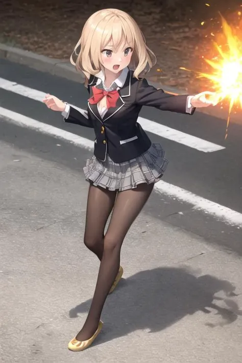 master piece, best quality,
solo, (solo-focus), no humans,
covered nipples, medium breasts,
school uniform, (black blazer), (frilled collar),(black pleated skirt), (brown pantyhose:1.1), long sleeves, frills,
(walking:1.3), mid-stride, striding, stride, (spread legs), (fighting stance),
(full body:1.3),
outdoors, ruins, cropped legs, cropped, (explosion), fireballs, attack, battle,
(flatshoes:1.3), <lora:flatshoes-v19:1>