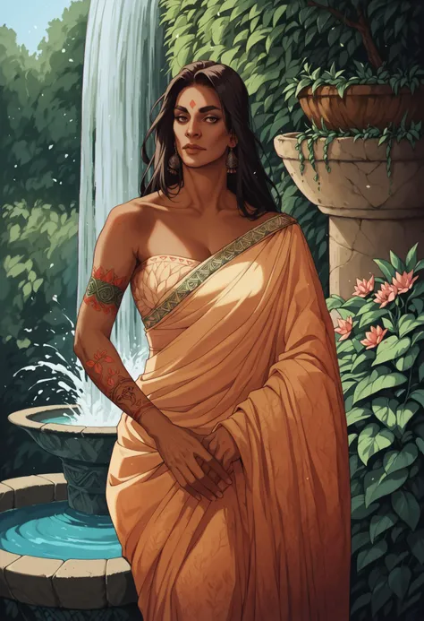 zPDXL, score_9, score_8_up, score_7_up, score_6_up, score_5_up, score_4_up, hades \(game\)
BREAK absurd res, detailed, outside, garden, fountain, petals, india, geometric patterns, lotus, hindu mythology
BREAK 1girl, indian woman, long hair, medium breasts, dark skin, traditional indian saree, geometric tattoos, hand tattoo, arm tattoo, henna
<lora:Saree_ethan_ponyXL_v10:1> <lora:HadesStyle_ponyXL_v20:0.8>