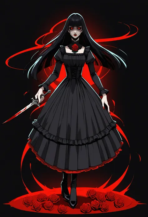 score_9, score_8_up, score_7_up, score_6_up, score_5_up, score_4_up,
BREAK
1girl, black hair, red eyes, long hair, straight hair, blunt bangs, blunt ends, half-closed eyes, glowing eyes, slit pupils, red lips, expressionless, looking away, black sclera,
BREAK
solo, dancing, black dress, frills, gothic dress, red rose, rose dress, roses, holding dagger, blood on weapon, blood pool, black high heels, blood mist,
BREAK
(black background:1.3), simple background, dark, simple background, dynamic pose, <lora:Lunas-Hades-Style-SDXL-A2:1>