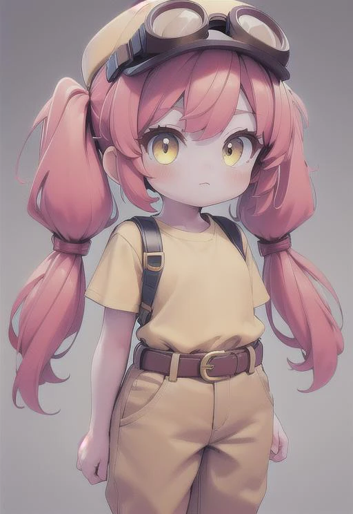 (masterpiece, best quality, hires, high resolution:1.1), (, intricate details, highres) , 1 girl ,yellow shirt, red hair, pigtails, long hair, yellow cap with goggles, brown pants , arms , chibi , hat , bsjessie , , Belt , <lora:last:0.8>