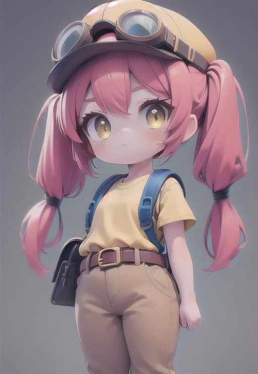 (masterpiece, best quality, hires, high resolution:1.1), (, intricate details, highres) , 1 girl ,yellow shirt, red hair, pigtails, long hair, yellow cap with goggles, brown pants , arms , chibi , hat , bsjessie , Belt , <lora:last:0.8> , blue bagpack