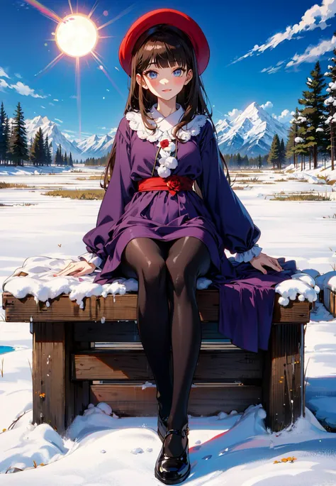 masterpiece, best quality, winter, snow field, 1girl, bangs, blue eyes, blunt bangs, bonnet, brown footwear, brown hair, dress, frills, fruit, full body, hat, long hair, long sleeves, looking at viewer, pantyhose, purple dress, red flower, red rose, rose, shoes, sitting, solo, sky, sun, mountain, forest, lake,