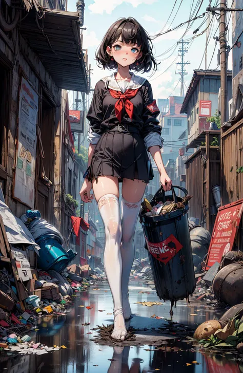 ((masterpiece, best quality, best composition, sharp focus, illustration, absurdres:1.4)), (colorful), (delicate eyes and face), volumetric light, natural lighting, ray tracing, extremely detailed CG unity 8k wallpaper, <lyco:neg4all_bdsqlsz_V3.5:0.8>, <lora:add_detail:0.8>, 1girl, solo, background focus, step, walking, (petite:1.3), school uniform, (walking in water, dark water, dirty water, puddle:1.2), legs, wet clothes, (white thighhighs:1.3), no shoes, serious, feet, foot focus, full body, (stained clothes, dirty, crude oil, trash heap, sewage, pollution, garbage, mud, organic waste, feces, rot, decay, fly, cockroach, debris, grimy, overcast:1.3)