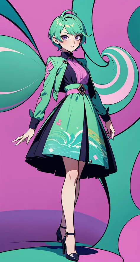 edgCJ Female woman,wearing edgCJ, Artistic Fusion: Chic jacket featuring abstract art-inspired patterns, combined with a solid-colored dress and artistic heels.,Pixie Cut hairstyle (Plum Taffy,Go Go Green color background:1.3), <lora:edgChicJackets:1>