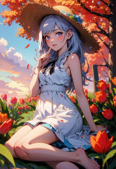 finely detail, Depth of field,(((masterpiece))),((extremely detailed CG unity 8k wallpaper)),best quality, high resolution illustration,Amazing,highres,intricate detail,(best illumination, best shadow, an extremely delicate and beautiful),
1girl, hat,solo,white hair, long_hair, barefoot, bare_legs, bare_shoulders, sleeveless,hat_flower,straw_hat,white sundress,straw hat, looking_at_viewer, Lilac eyes,Lovely face,open one's mouth,middle finger,show the middle finger,
(((Tyndall effect))),dappled sunlight,cloud, flower, autumn_leaves, outdoors, autumn, blue_sky, leaf, sunset, cloudy_sky, burning, owl, maple_leaf,tulips