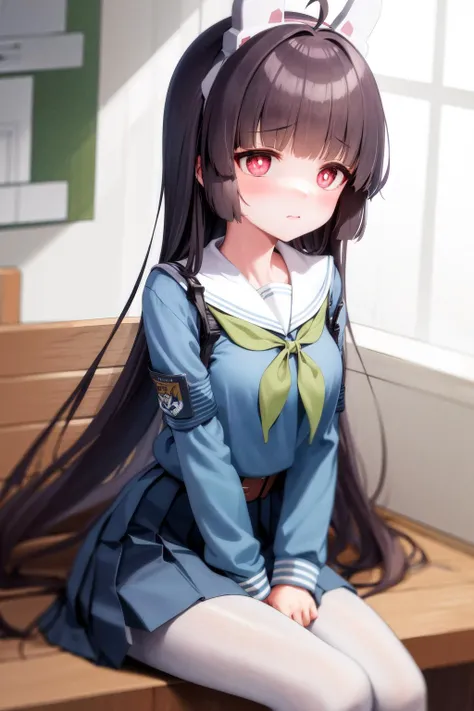 masterpiece, best quality, highres, 1girl miyu, school uniform skirt white pantyhose <lora:miyu:1> belt, sitting