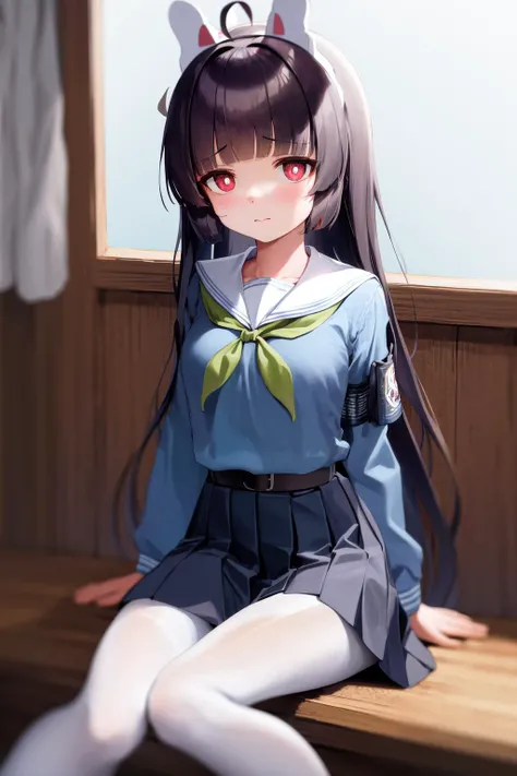 masterpiece, best quality, highres, 1girl miyu, school uniform skirt white pantyhose <lora:miyu:1> belt, sitting