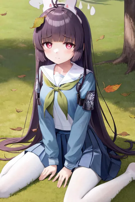 masterpiece, best quality, highres, 1girl miyu, school uniform skirt white pantyhose, leaf on head <lora:miyu:1> sitting on ground, wariza, arm support, outdoors