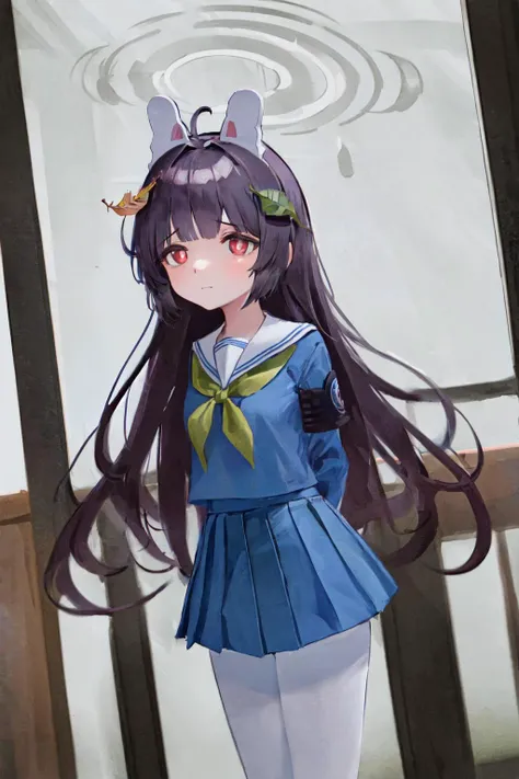 masterpiece, best quality, highres, 1girl miyu, school uniform skirt white pantyhose, leaf on head <lora:miyu:1> standing, leaning forward, arms behind back