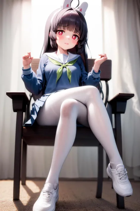 masterpiece, best quality, highres, 1girl miyu, school uniform skirt white pantyhose <lora:miyu:1> sitting on chair, crossed legs, shoes