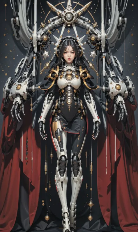 <lora:tarot_mecha:1>,1girl,mecha,full body,Tarot, red armor, star map,simple background, <lora:animetarotV51:0.8>, <lora:techpriest:0.6>, mechanical arms, steampunk, hood, robe, techpriest, (masterpiece, best quality, high quality, highres, ultra-detailed),