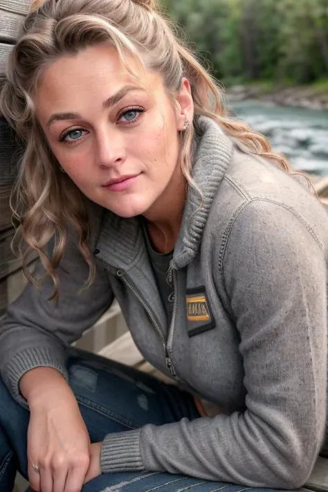 UPS_Mom ((Wearing a sweater and distressed jeans)), ((Professional Photo Shoot)), ((out in the country next to a river)), ((sitting on a bench next to a river)), model shoot style, extremely intricate, High Detail, Sharp focus, dramatic, soft cinematic light, (looking at viewer), (Real Eyes), (Detailed Eye Corneas) (detailed pupils), smiling, 24mm, photo lab, elegant, insane details, hyperdetailed, low contrast, epiCRealism, (((Safe For Work)))