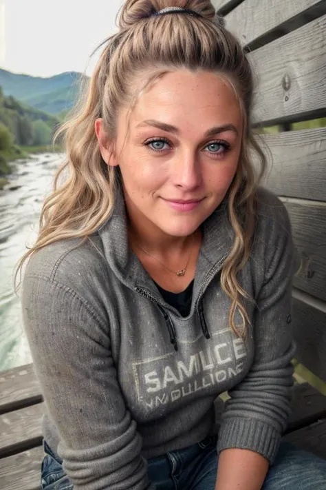 UPS_Mom ((Wearing a sweater and distressed jeans)), ((Professional Photo Shoot)), ((out in the country next to a river)), ((sitting on a bench next to a river)), model shoot style, extremely intricate, High Detail, Sharp focus, dramatic, soft cinematic light, (looking at viewer), (Real Eyes), (Detailed Eye Corneas) (detailed pupils), smiling, 24mm, photo lab, elegant, insane details, hyperdetailed, low contrast, epiCRealism, (((Safe For Work)))