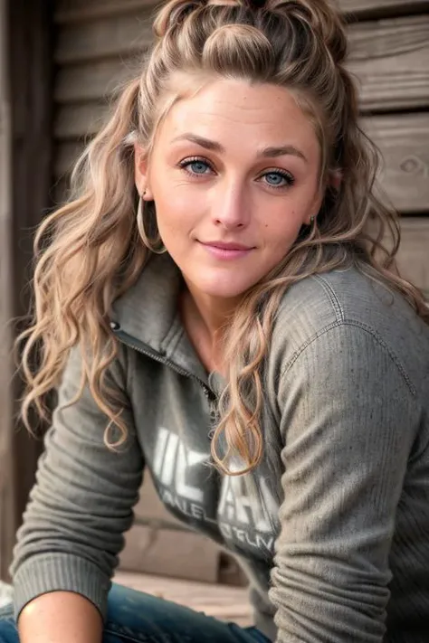UPS_Mom ((Wearing a sweater and distressed jeans)), ((Professional Photo Shoot)), ((out in the country next to a river)), ((sitting on a bench next to a river)), model shoot style, extremely intricate, High Detail, Sharp focus, dramatic, soft cinematic light, (looking at viewer), (Real Eyes), (Detailed Eye Corneas) (detailed pupils), smiling, 24mm, photo lab, elegant, insane details, hyperdetailed, low contrast, epiCRealism, (((Safe For Work)))