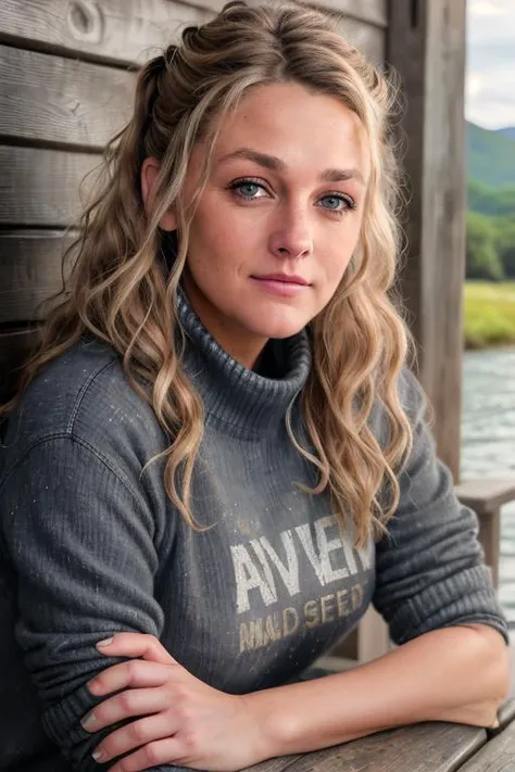 UPS_Mom ((Wearing a sweater and distressed jeans)), ((Professional Photo Shoot)), ((out in the country next to a river)), ((sitting on a bench next to a river)), model shoot style, extremely intricate, High Detail, Sharp focus, dramatic, soft cinematic light, (looking at viewer), (Real Eyes), (Detailed Eye Corneas) (detailed pupils), smiling, 24mm, photo lab, elegant, insane details, hyperdetailed, low contrast, epiCRealism, (((Safe For Work)))