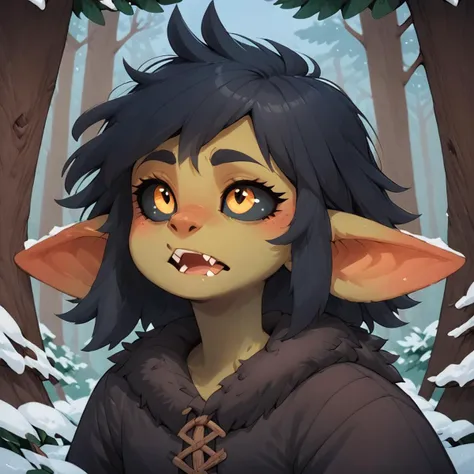 score_9, score_8_up, score_7_up, score_6_up, score_5_up, Gaby, upper body, looking up, in awe, open mouth,  forest background, winter cloth, fur cape, long coat <lora:Gaby_the_goblin_v0.3:1>