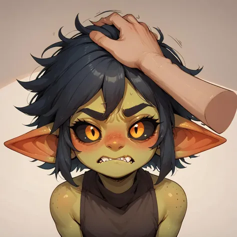 Gaby, blushing, headpat, frowning eyes, (clenched teeth:0.7), pov hands, human hand <lora:Gaby_the_goblin_V1.2:0.7> <lora:Headpat_XLPD:1>, PonyXLV6_Scores