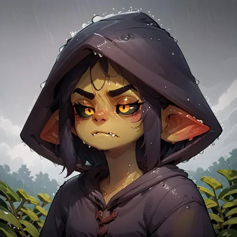 score_9, score_8_up, score_7_up, score_6_up, score_5_up, Gaby, hooded, cloaked, pouting, puffed cheeks, outside, raining, cloudy <lora:Gaby_the_goblin_v0.3:1>