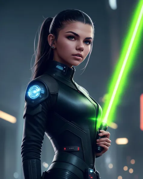 Photo of (v1ckypalac1o:0.99) wearing (black tight coat with high collar:1.1), cyberpunk, lightsaber, shots, flashes, futurism, dark city, (extremely detailed CG unity 8k wallpaper), photo of the most beautiful artwork in the world, professional majestic oil painting by Ed Blinkey, Atey Ghailan, Studio Ghibli, by Jeremy Mann, Greg Manchess, Antonio Moro, trending on ArtStation, trending on CGSociety, Intricate, High Detail, Sharp focus, dramatic, photorealistic painting art by midjourney and greg rutkowski, intricate, High Detail, Sharp focus, dark future