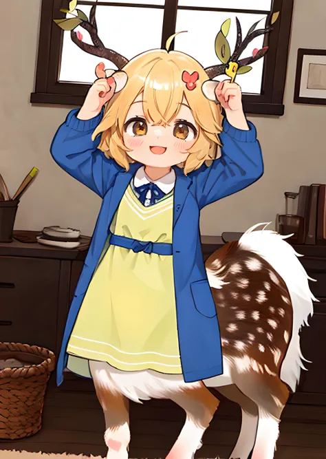 (a small male furry humanoid fennec fox boy with light brown hair and yellow fur), wearing yellow cheer boy uniform, happy, blush, tamachira, dynamic angle