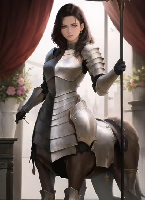 masterpiece, best quality,a portray of a woman, centaur,extemely detailed,looking at viewer,knight ,full armor,barding,standing,tall,photorealistic<lora:CentaurConcept_v1:0.7>