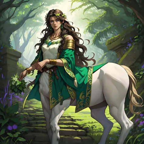fantasy setting, outdoors in a fantasy forest, ancient ruins, fey wild, fey, leaves falling, windy, magic the gathering, dungeons and dragons, character concept, character art, character portrait, looking at viewer,
realistic, cartoon, best quality, best resolution, 4k, vivid colors, vivid, high detail, best detail, confident pose, extroverted, viewed from below, serious expression