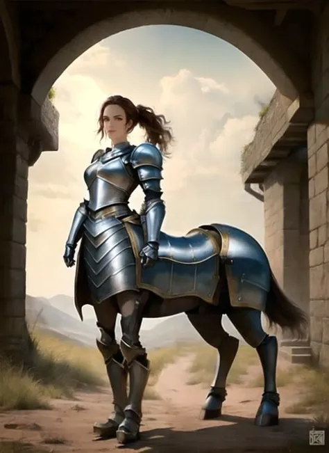masterpiece, best quality,a portray of a woman, centaur,extemely detailed,looking at viewer,knight ,full armor,barding,standing,armored boots,tall,photorealistic<lora:CentaurConcept_v1:1>