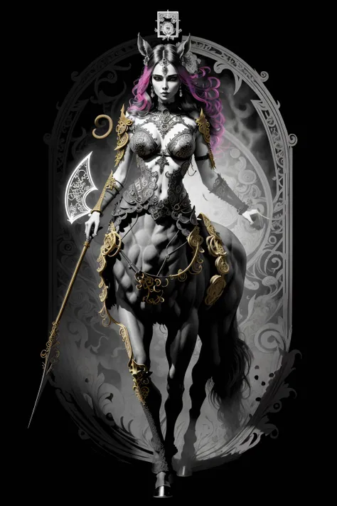centaur, (person:person:0.5), nipples,malice, skulls, tendrils, dark atmosphere, greyscale, detailed linework, cinematic, psychedelic, black paper with vibrant turqoise line work, ornate, symmetrical, tarot card, highly detailed, ink illustration, style of peter mohrbacher, golden ratio, (filigree:1.3), <lora:hipoly3DModelLora_v10 (1):0.4> <lora:centaurConcept_V1:0.7> <lora:blindbox_V1:0.2> , <lora:fairytaleai_v10:0.25>,fairytaleai