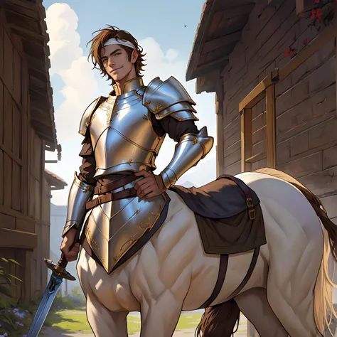 portrait, from waist, youthful, solo, boy, strong, centaur, smile, happy, taur, white horse, white fur, hooves,
fantasy, best quality, best resolution, most detailed, highly detailed, 4k, 8k, looking at viewer, looking down, detailed face,
daylight, flat breasts, very tall, youthful face, head band, standing tall,
brown hair, military haircut, outlined fingers, handsome, hands on hips, narrow face, empty hands,
plate armor, knight, warrior, paladin, weapons sheathed, realistic, tribal tattoos, neck ornament,
extrovert personality, confident, saddlebags, <lora:Centaur_v3:1>