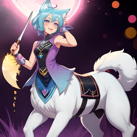 masterpiece, best quality,slice of life, wolf taur,wolf ears, boy,cute outfit, magical outfit, magical boy, sweet expression, <lora:Centaur_v3:0.7>, bokeh, cute, adorable, happy, magical, pastel colors