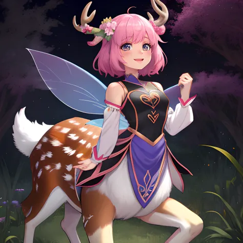 masterpiece, best quality,slice of life, deer taur,deer horns, girl,cute outfit, magical outfit, magical girl, sweet expression, <lora:Centaur_v3:0.7>, fairy, bokeh, cute, adorable, happy, magical