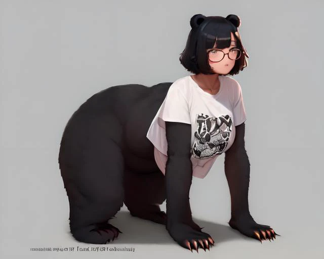 <lora:centaurConcept_V1:0.6>(bear:1.4) taur,fluffy fur,paws,bear ears, 1girl,glasses,black hair,short hair,t-shirt,full body, masterpiece,best quality,highres