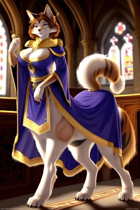 solo anthro female feline, ((taur)),
clothed, pants, robe, cleric, standing behind an altar, inside a medieval castle church, fantasy,
dogelore, doge, inner ear fluff, neck tuft, chest tuft, cheek tuft,
arm under breasts,
big butt, raised tail, fluffy long tail, curvy, big breasts, cleavage, short hair,
(fur, fluffy, tuft, )
uploaded on e621, safe content, (detailed fur texture, full-length portrait by Pino Daeni),
<lora:centaurConcept_V1:1>